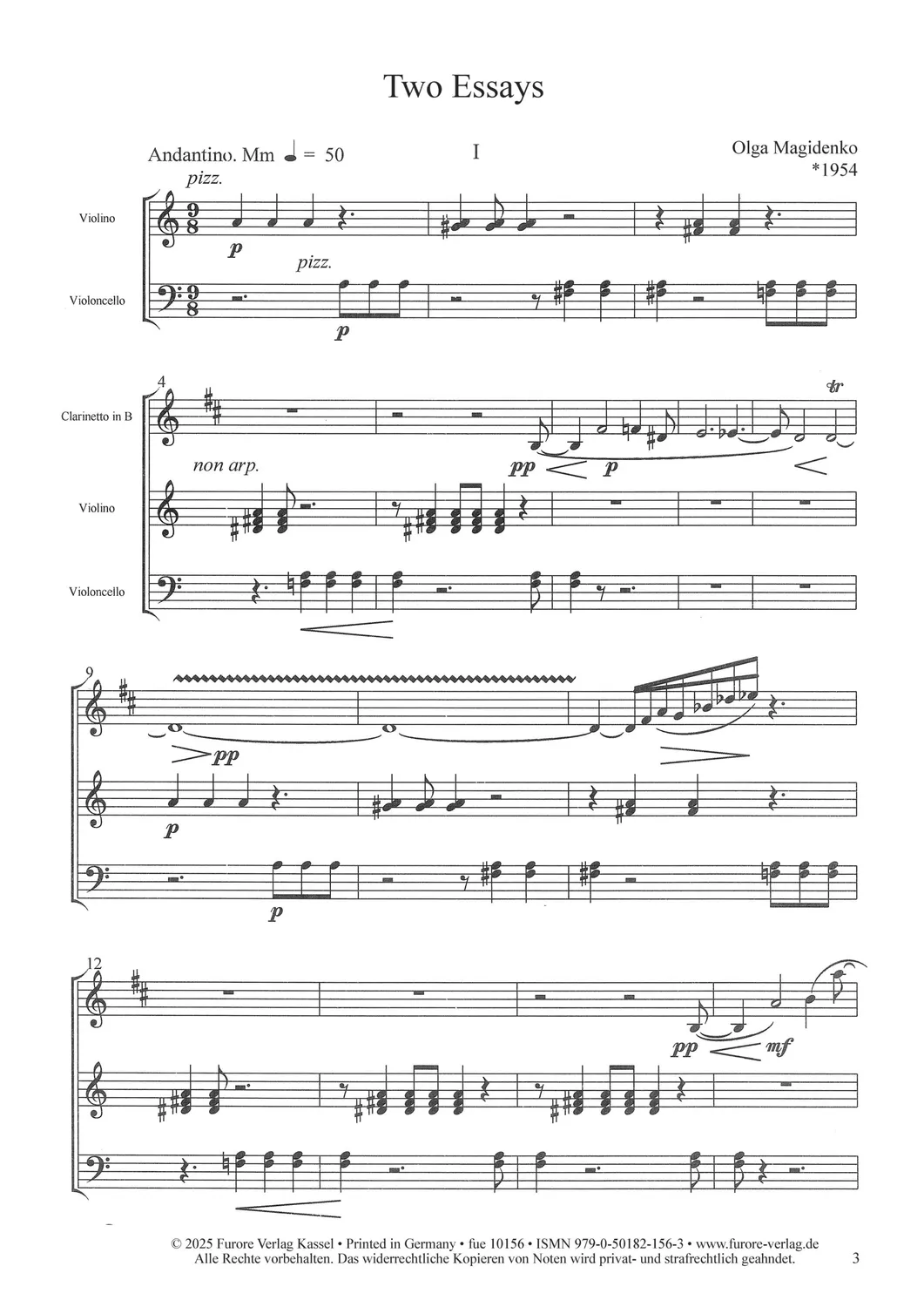 Furore Edition Two Essays op.15a Noten Klarinette Streichtrio