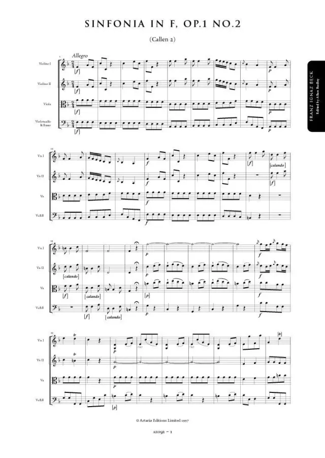 Artaria Beck, Franz Symphony in F major, Op. 1, No. 2 (Callen 2)