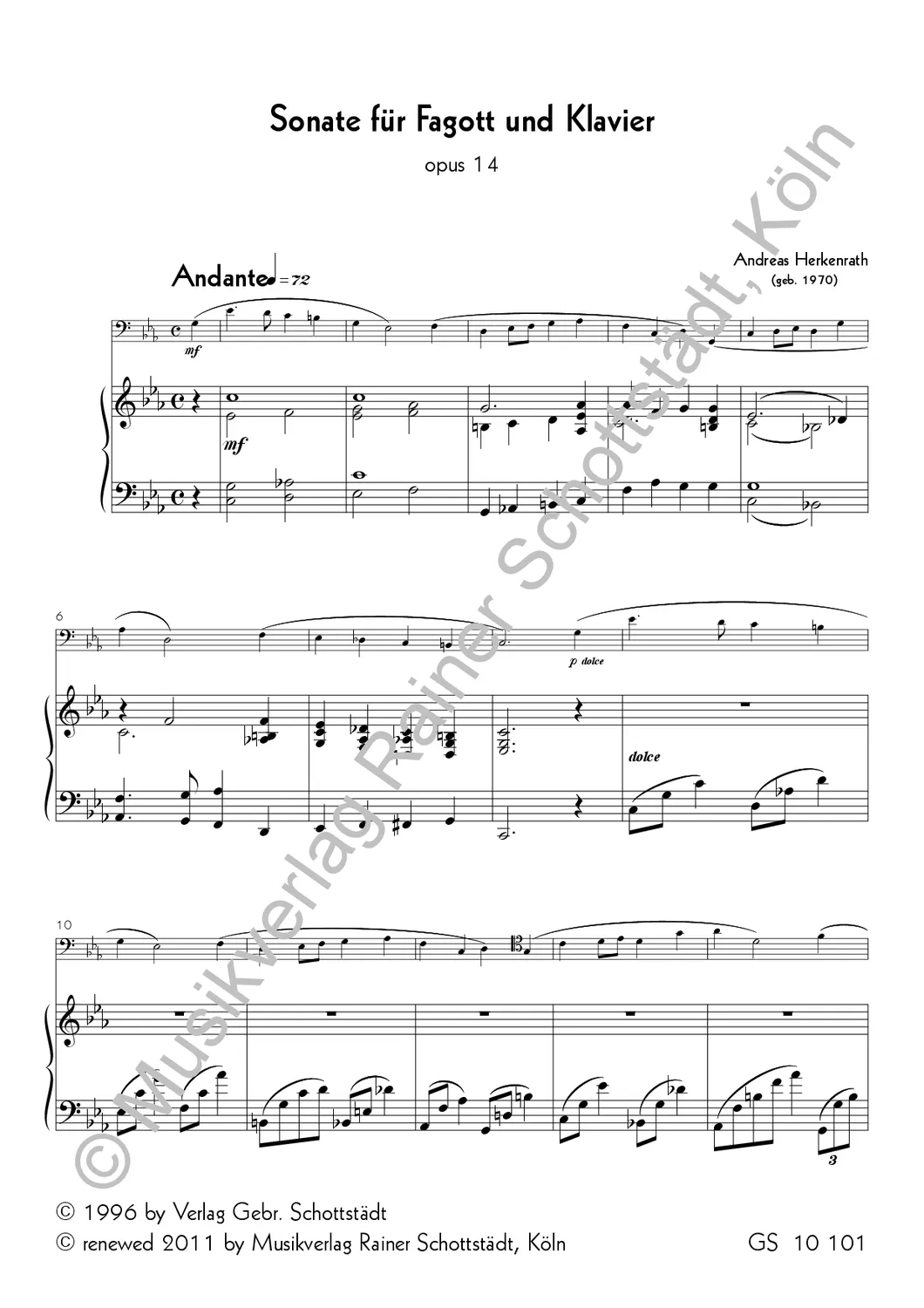 Musikverlag Rainer Schottstädt Sonate op.14 Noten für Fagott und Klavier