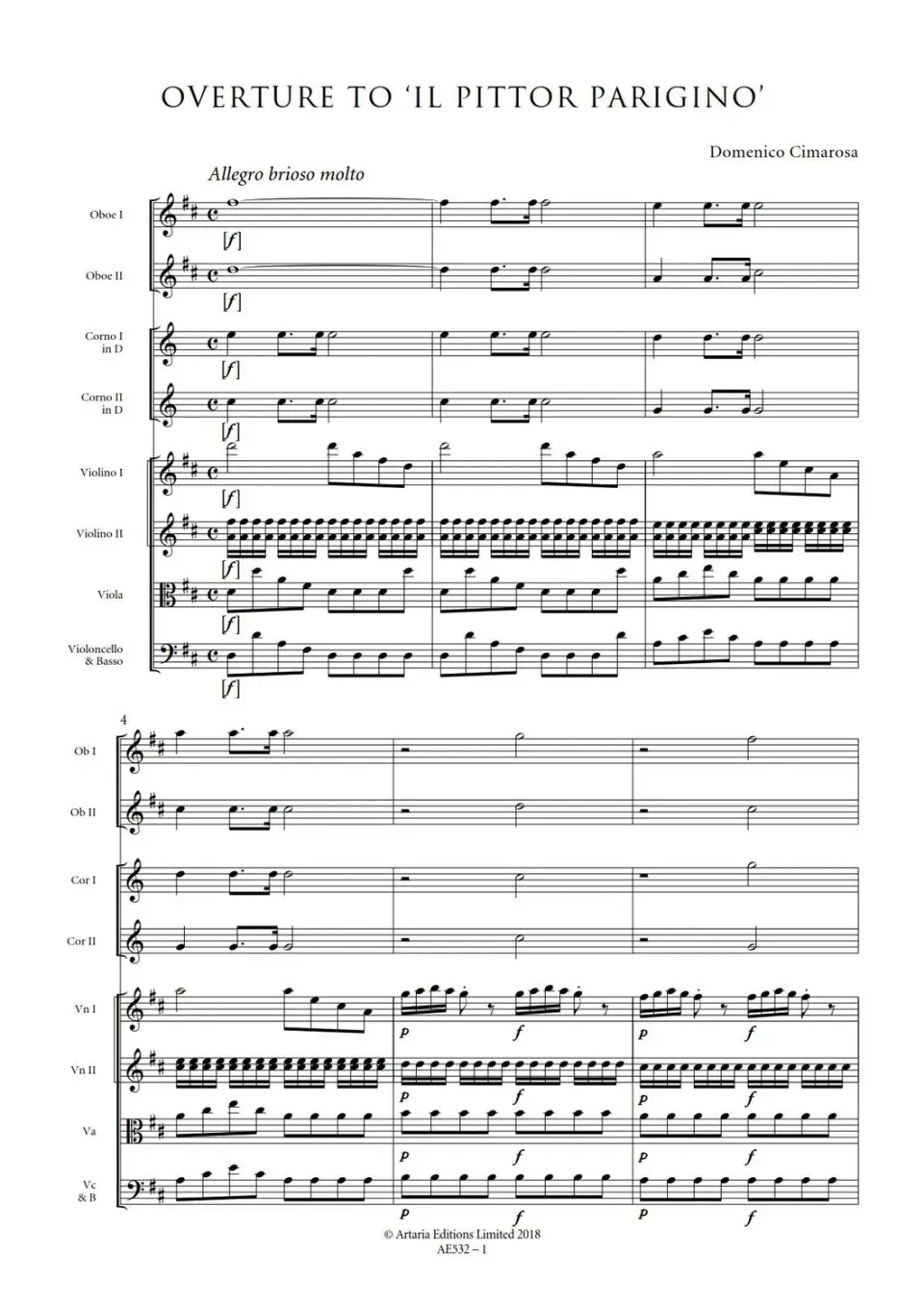 Artaria Cimarosa Overture to 'Il Pittor Parigino'