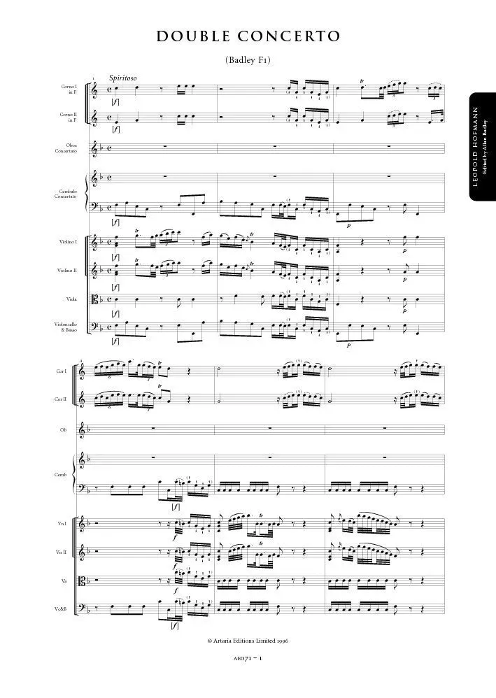 Artaria Hofmann, Leopold Oboe & Harpsichord Concerto in F major (Badley F1)