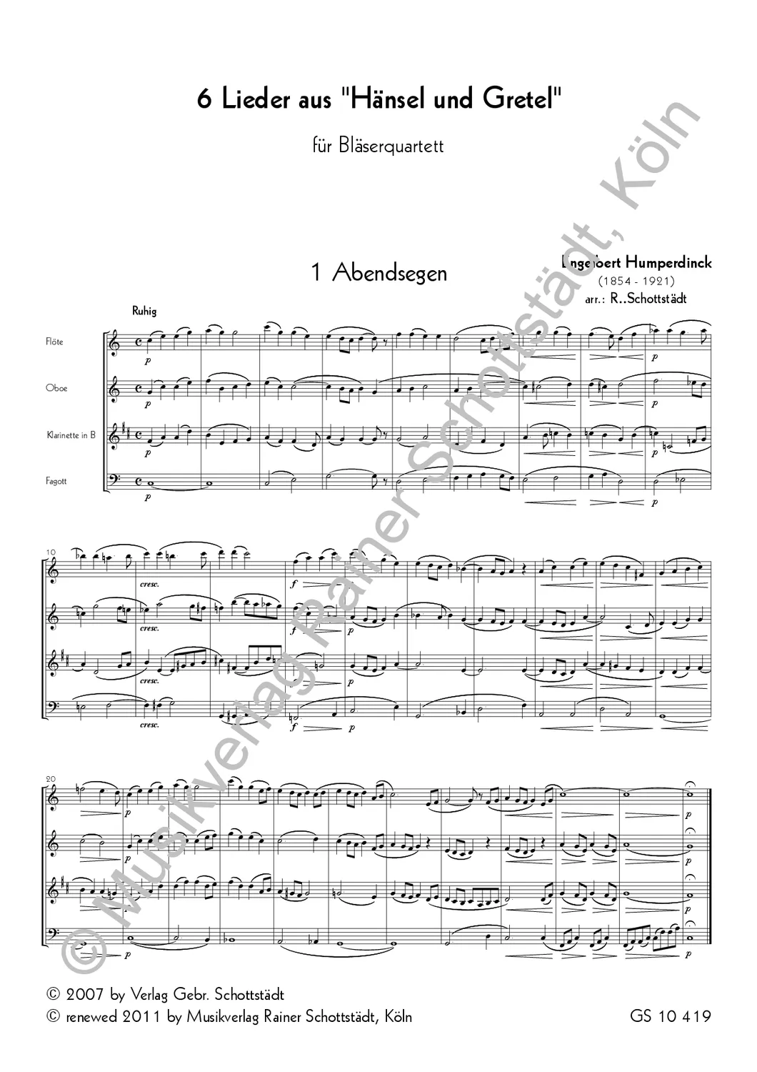 Musikverlag Rainer Schottstädt 6 Lieder Hänsel Gretel Noten Bläserquartett