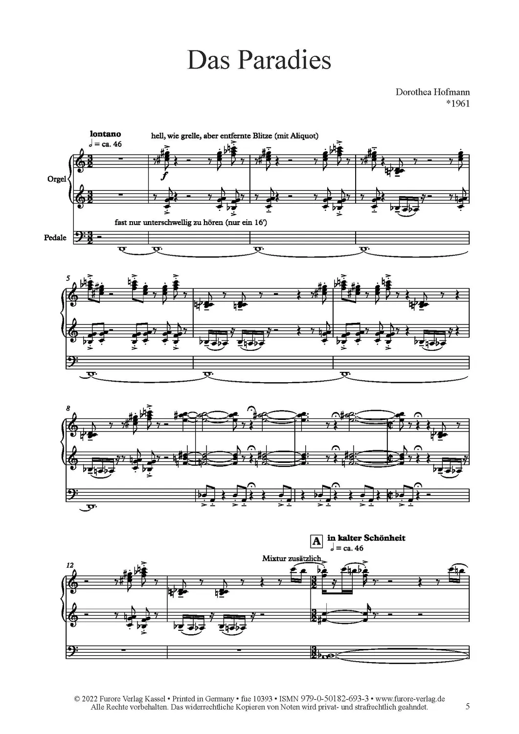 Furore Edition Das Paradies für Harfe und Orgel Partitur