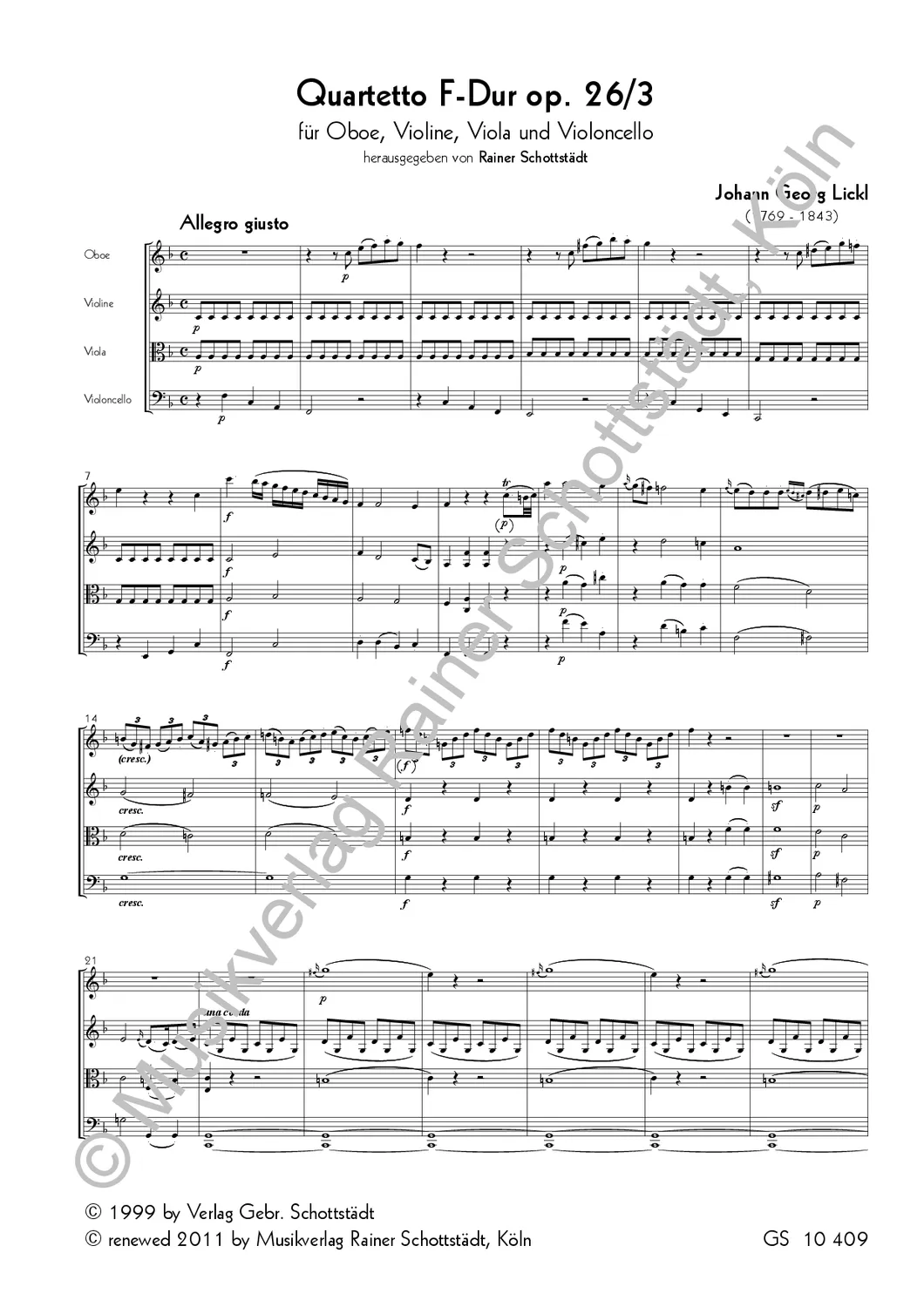 Musikverlag Rainer Schottstädt Quartetto F-dur op. 26/3 Noten Oboe Streicher
