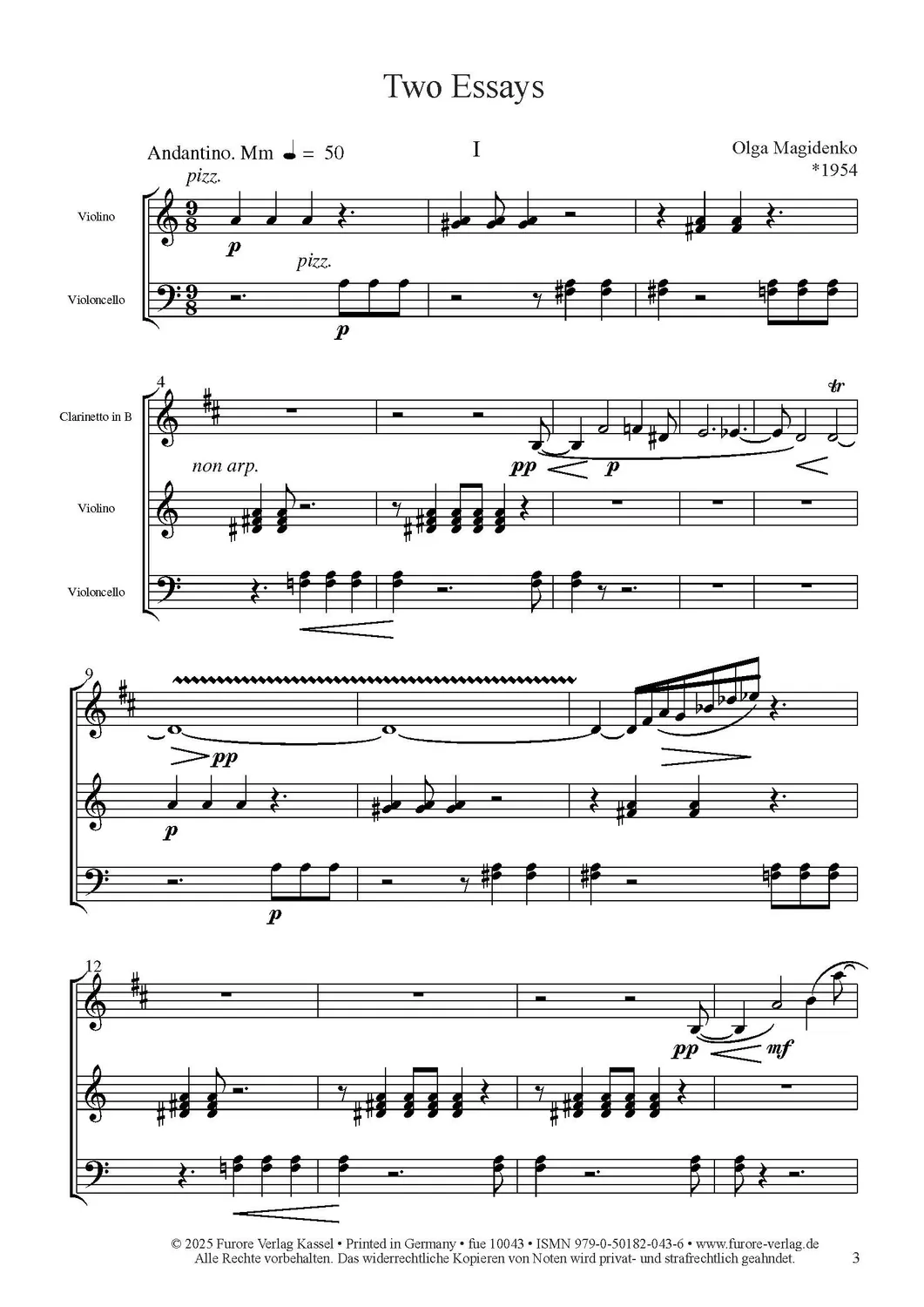 Furore Edition Two Essays op. 15 Noten Klarinette Viola Cello