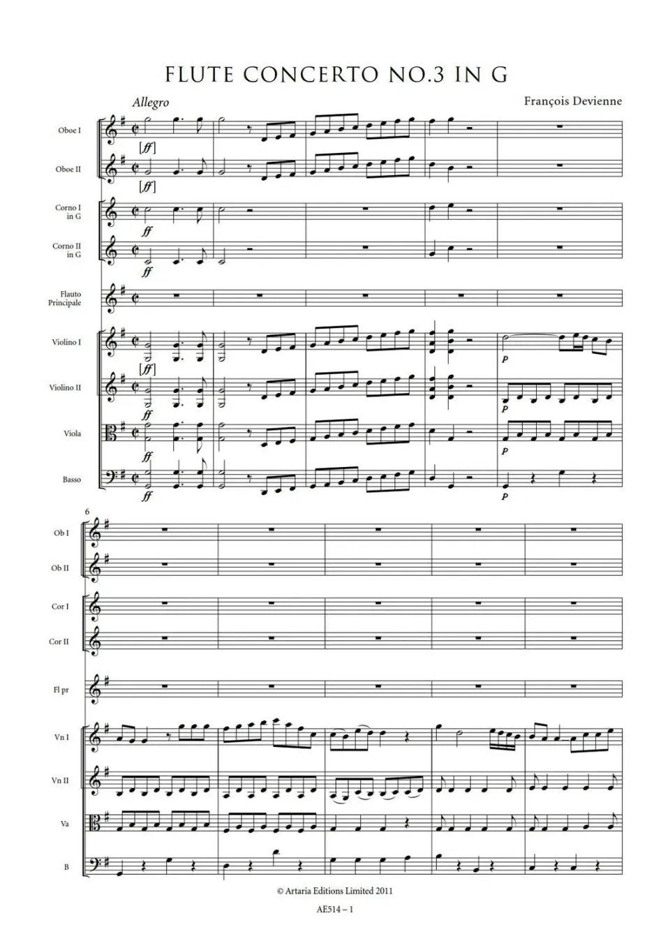 Artaria AE514 Devienne Flötenkonzert Nr. 3 Noten G-Dur