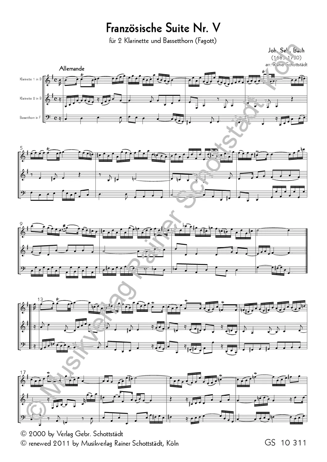 Musikverlag Rainer Schottstädt Französische Suite Nr.5 Noten Bläsertrio
