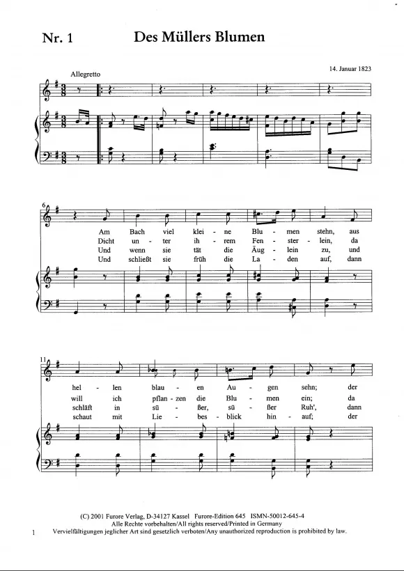 Furore Edition Eight Lieder for high voice on texts by Wilhelm Mueller Lieder für hohe Stimme und Klavier