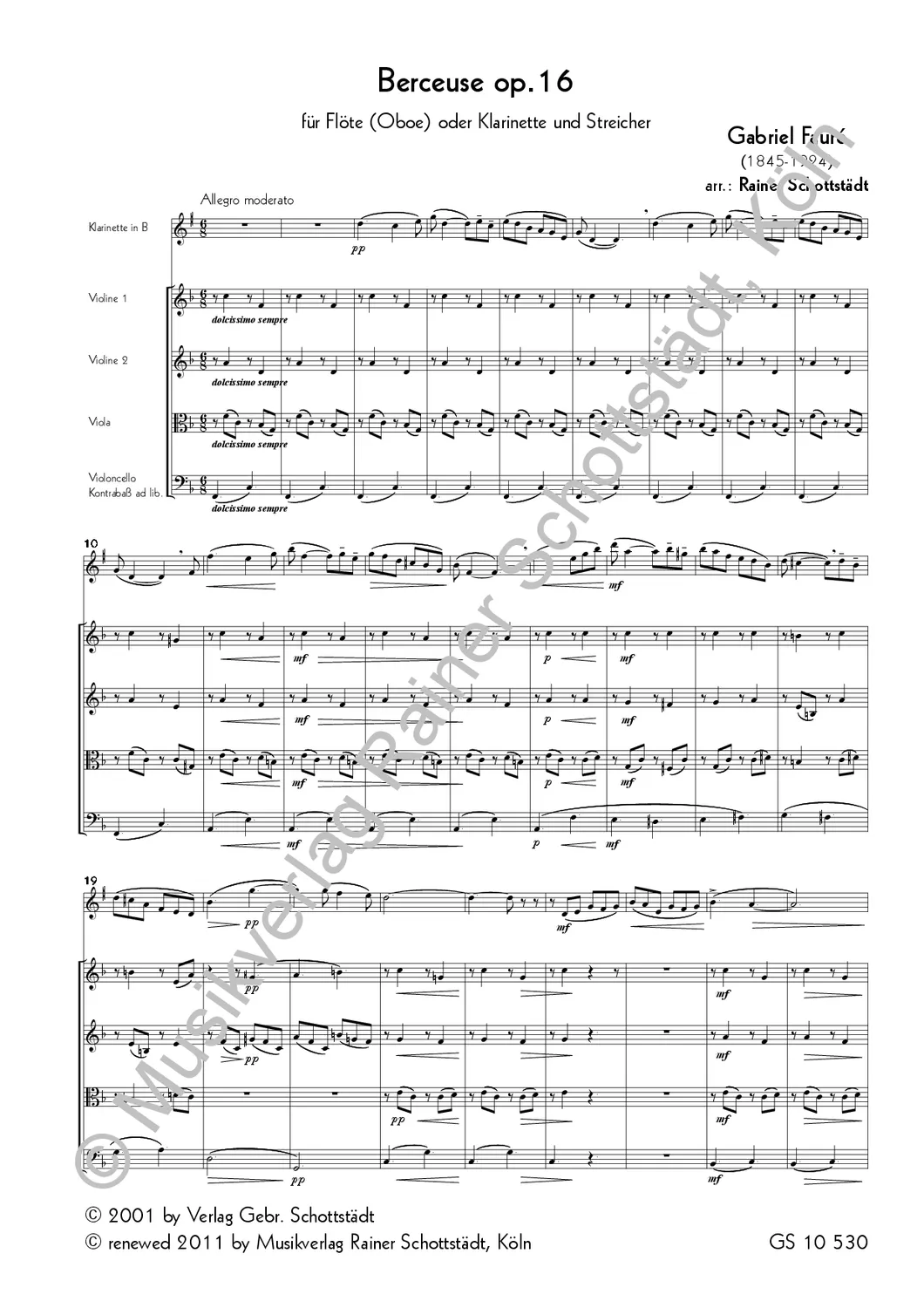 Musikverlag Rainer Schottstädt Berceuse op.16 Noten Solo Streichquartett
