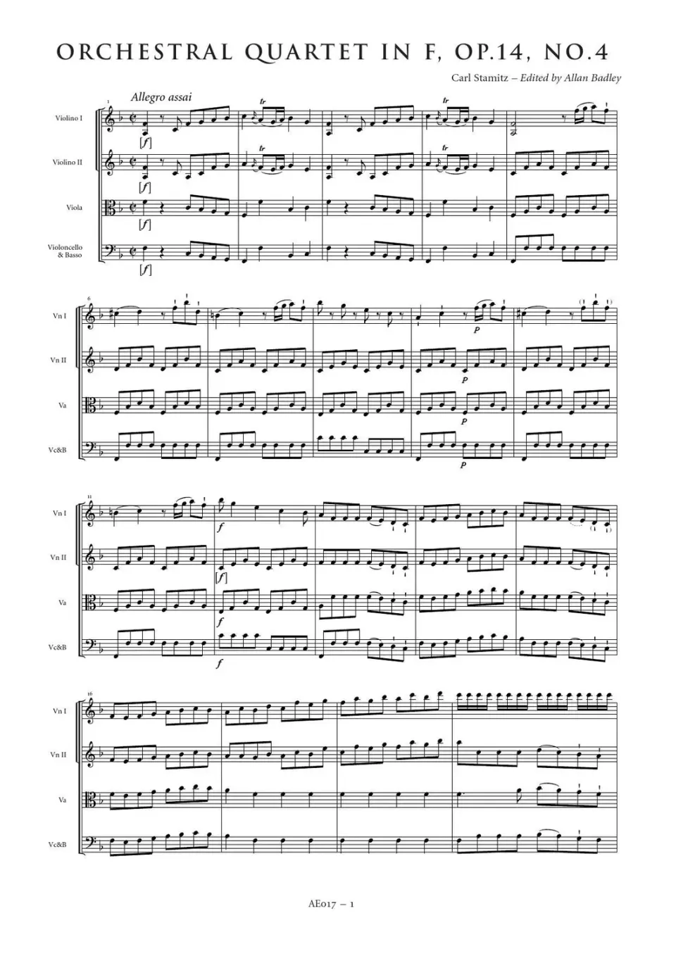 Artaria AE017 Stamitz Orchesterquartett F-Dur Partitur