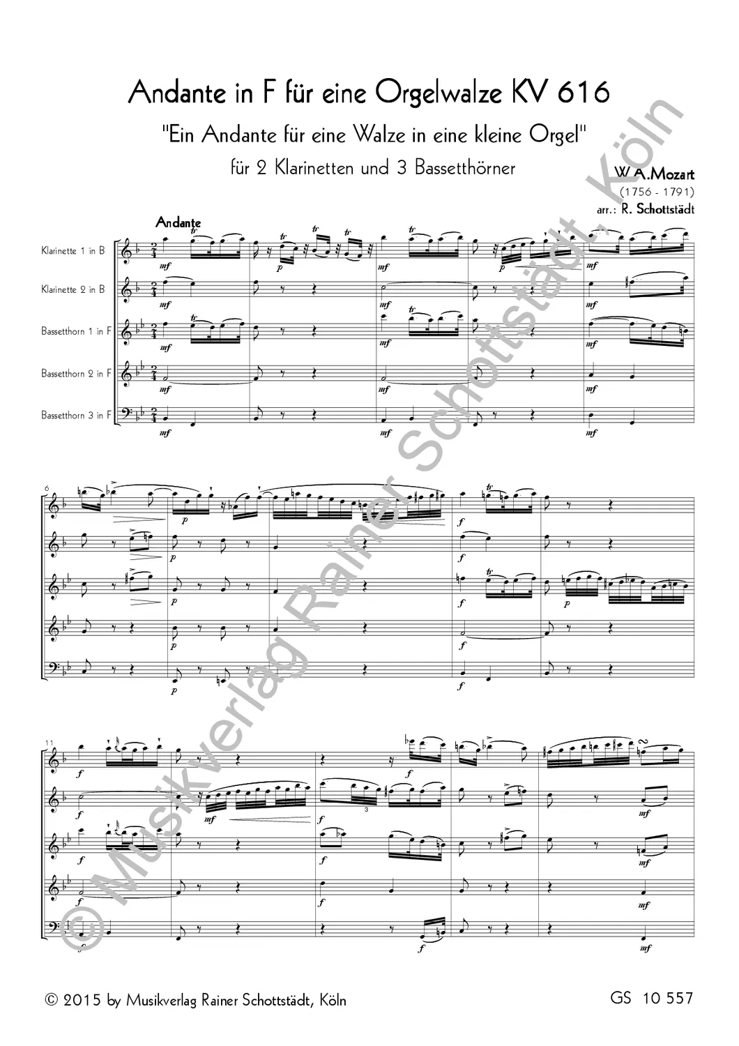 Musikverlag Rainer Schottstädt Andante in F für eine Orgelwalze KV 616 Noten