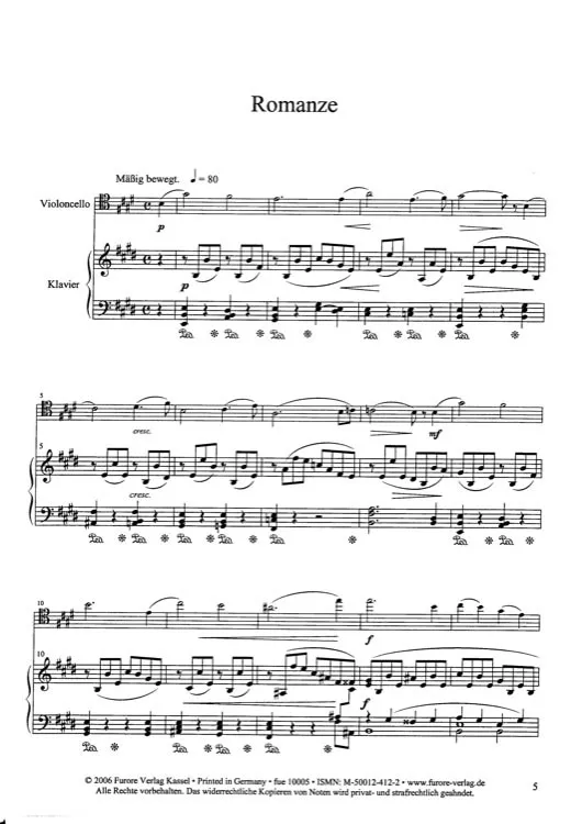 Furore Edition Fünf Stücke Violoncello Klavier op. 24 Noten