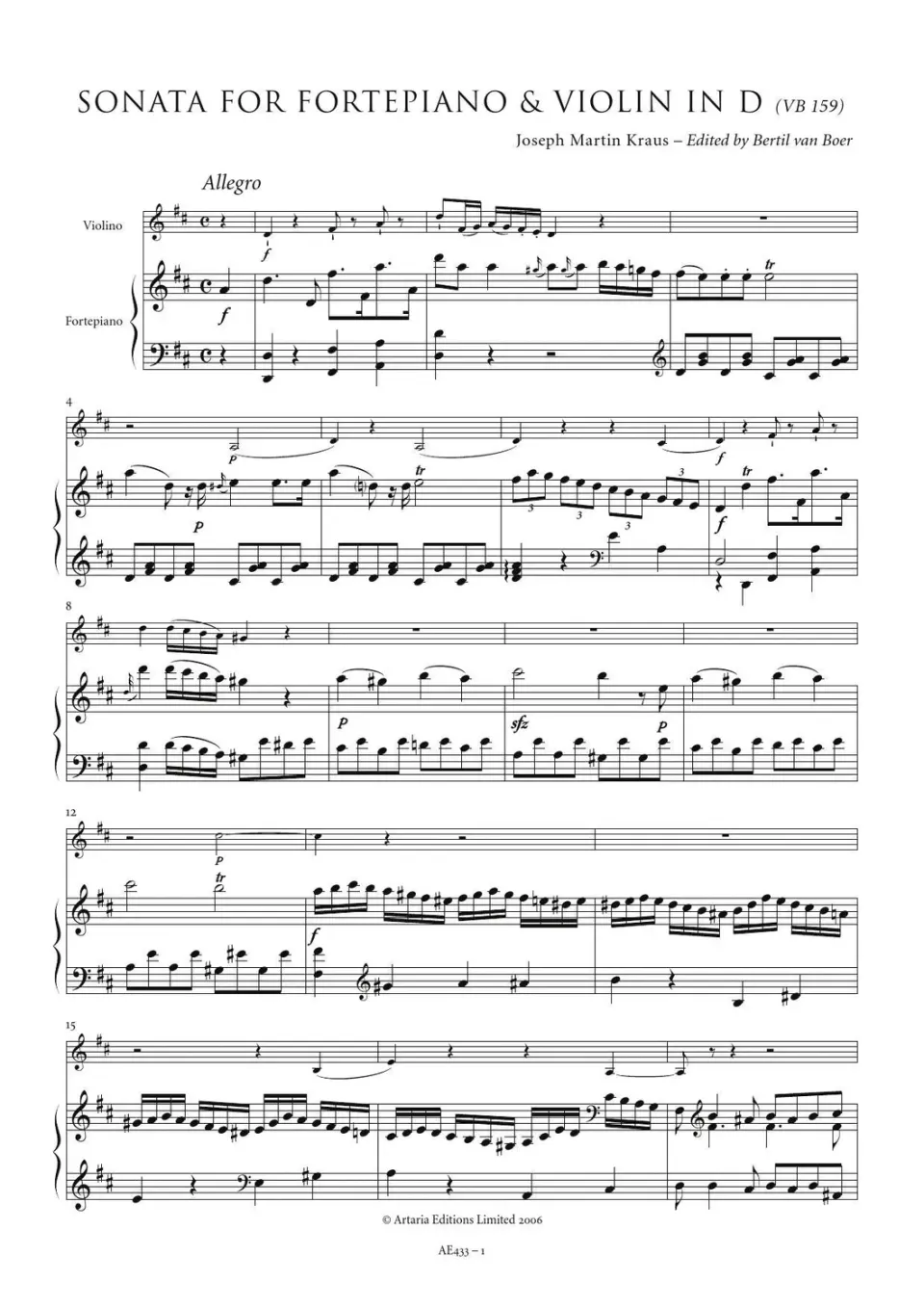 Artaria Kraus Sonata for Fortepiano & Violin in D (VB 159)