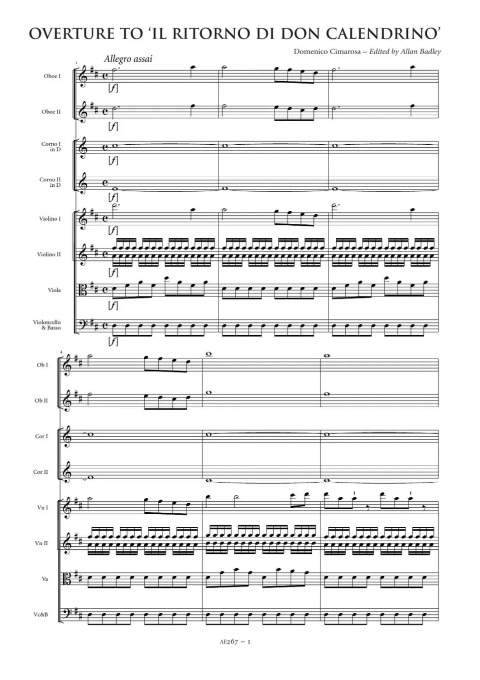 Artaria AE267 Cimarosa Overture to 'Il ritorno di Don Calendrino' Partitur