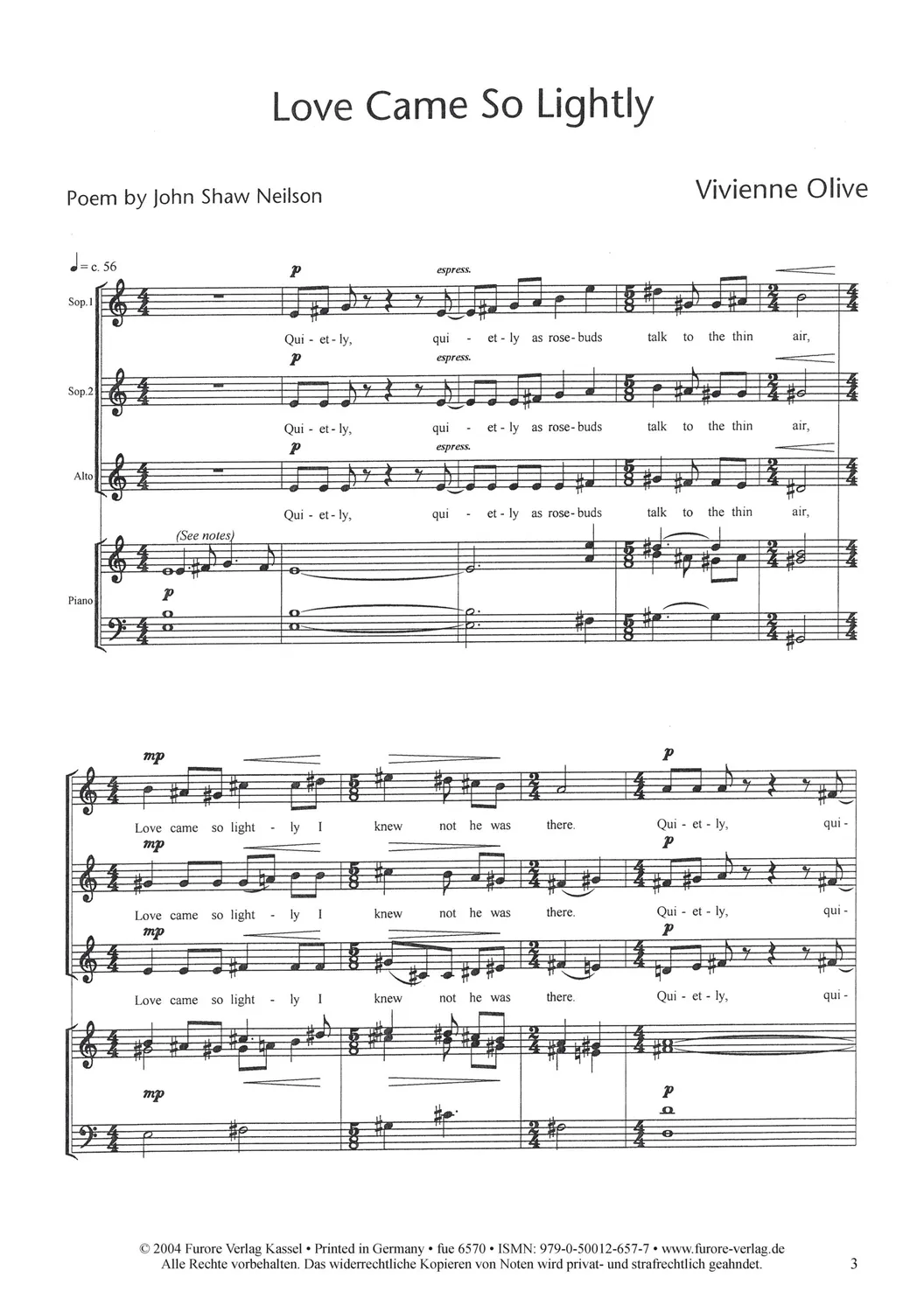 Furore Love Came So Lightly SSA Chorpartitur a cappella