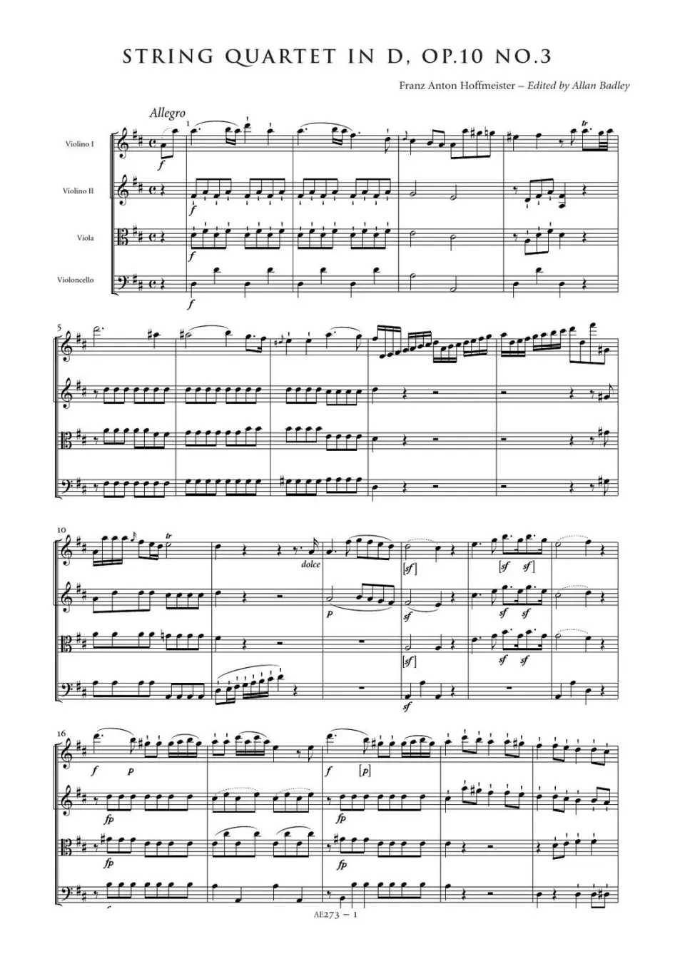 Artaria Hoffmeister Streichquartett D-Dur op. 10 Nr. 3 Noten