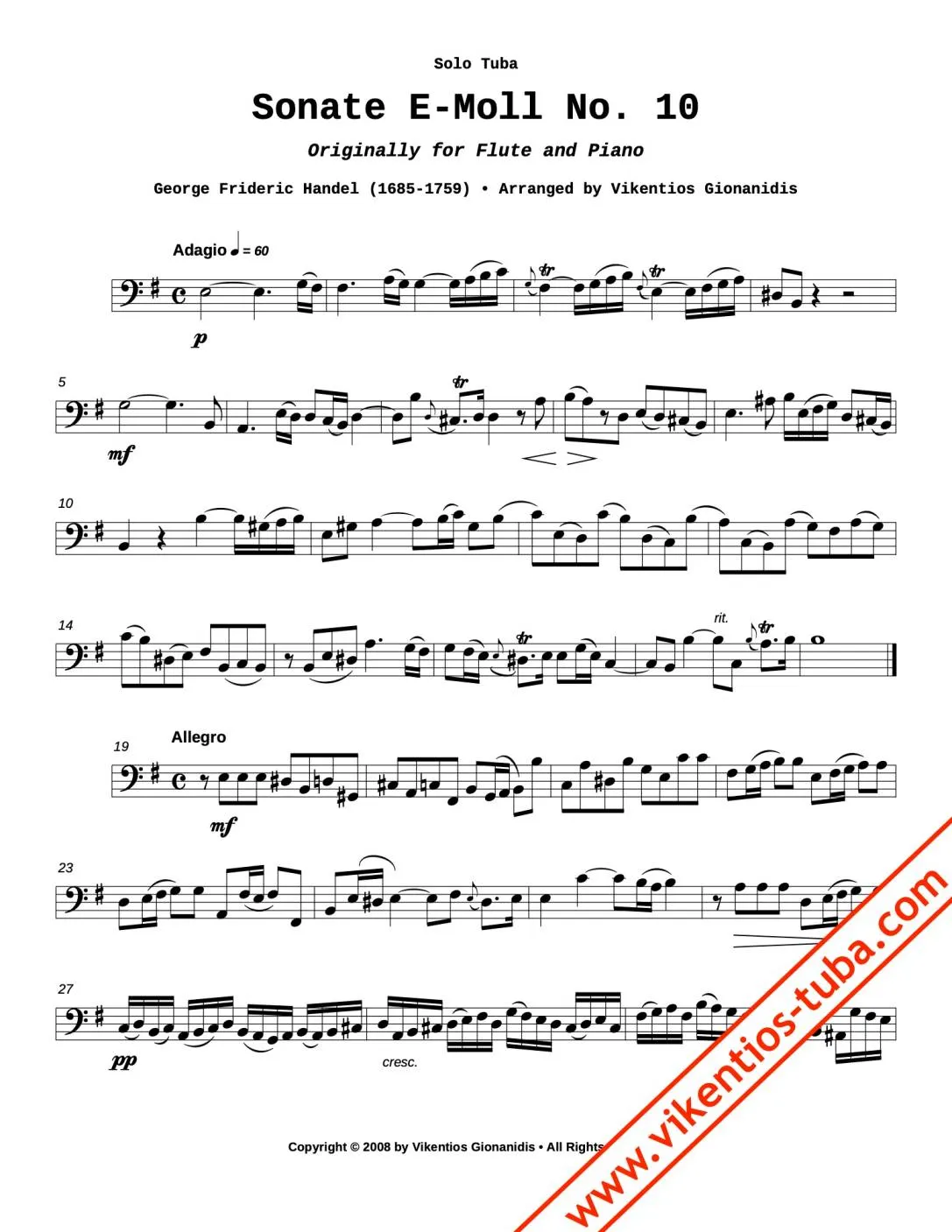 Vikentios Gionanidis Sonate E minor No.10 HWV 375 Noten für Tuba und Klavier