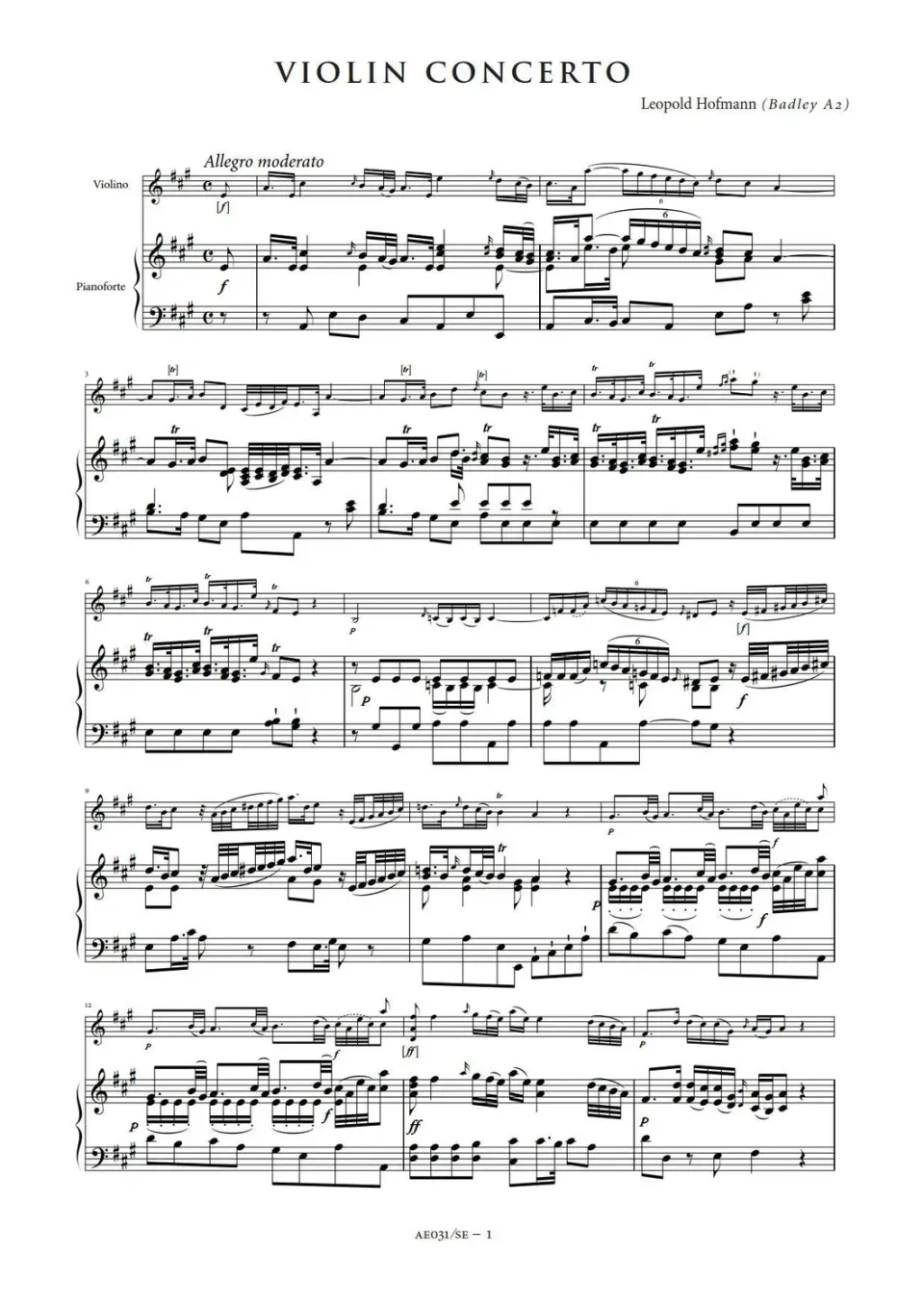 Artaria Hofmann, Leopold Violin Concerto in A major (Badley A2)