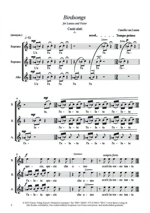 Furore Edition Birdsongs Chornoten SSA a cappella