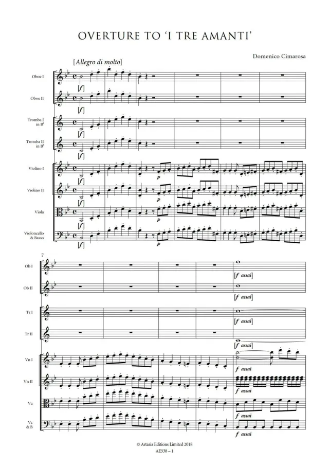 Artaria Cimarosa Overture to ‘I Tre Amanti’ Partitur