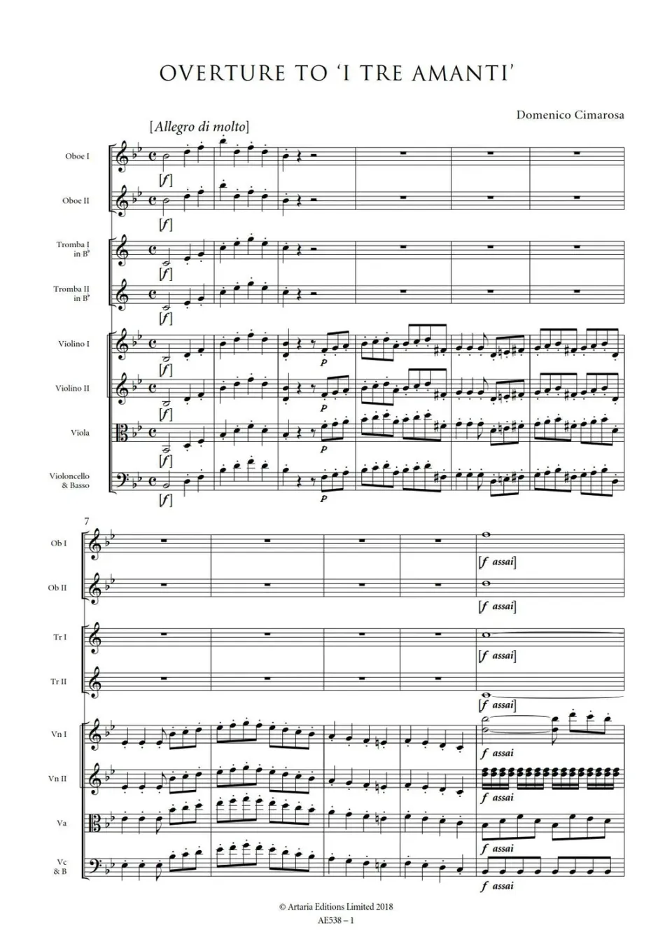 Artaria Cimarosa Overture to ‘I Tre Amanti’ Partitur