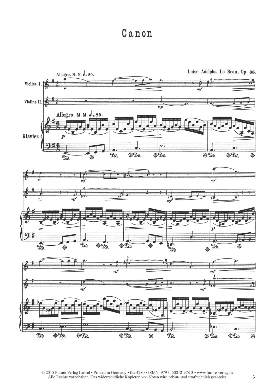 Furore Edition Canon op. 38 Violinduo Klavier mittelschwer