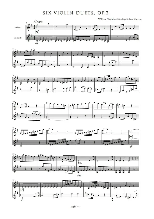Artaria AE388 William Shield Six Violin Duets Op. 2 für 2 Violinen