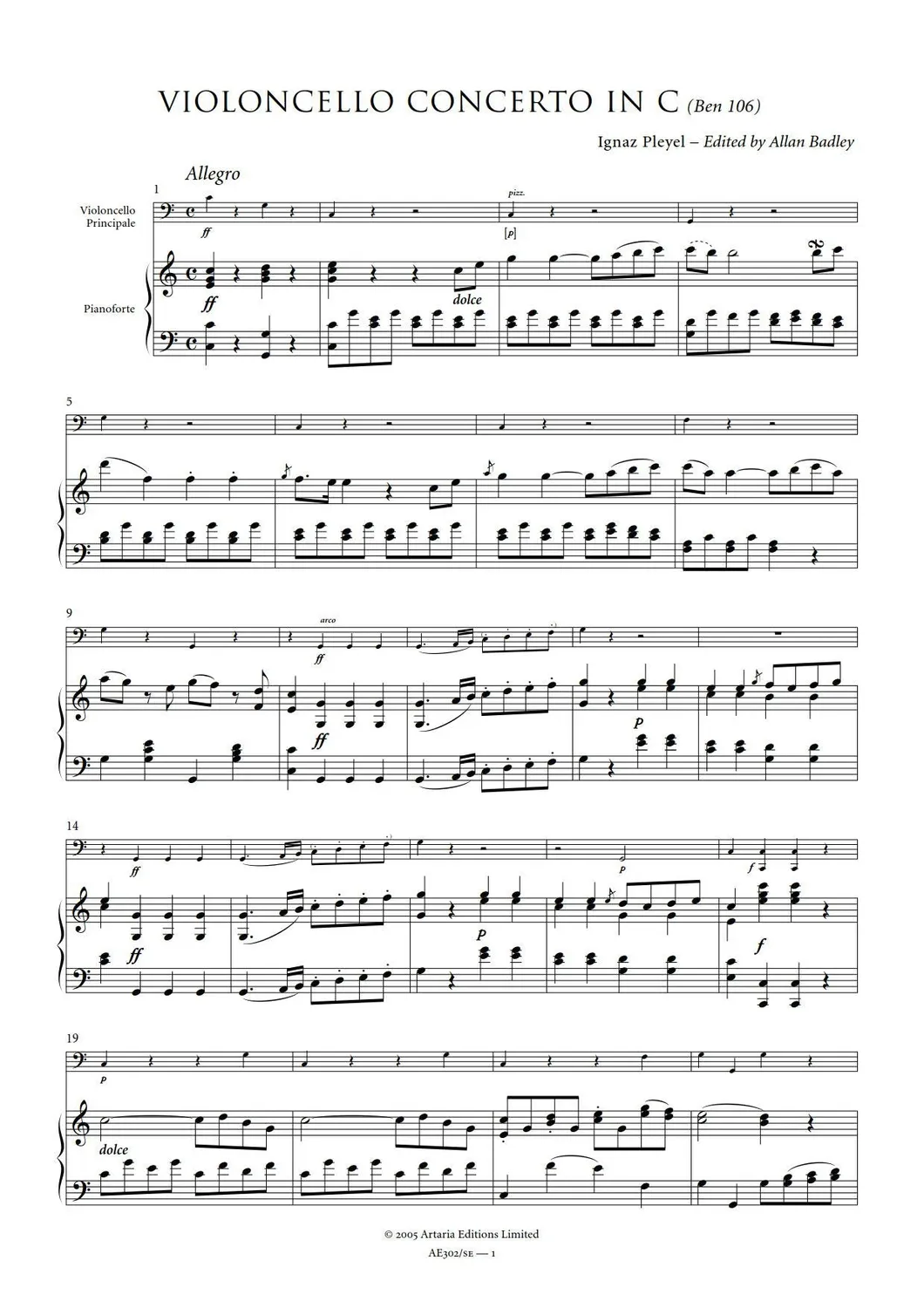 Artaria Pleyel Cellokonzert C-Dur Benton 106 Notenausgabe