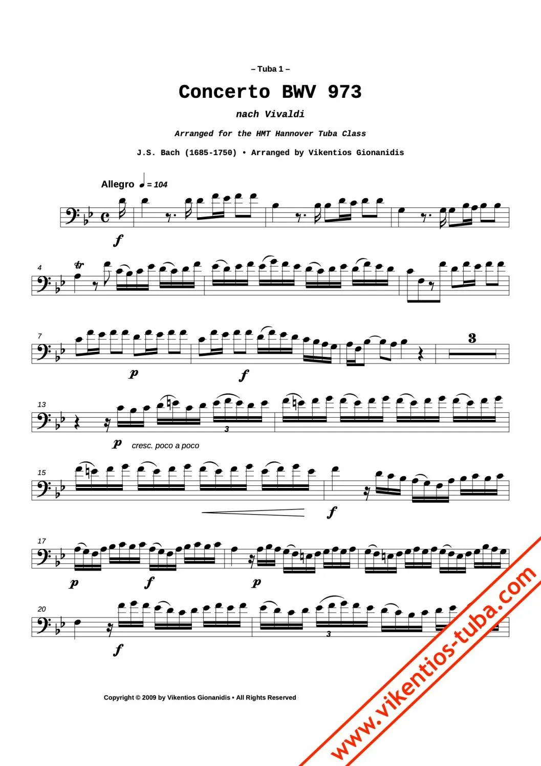 Vikentios Gionanidis Concerto BWV 972 Noten für Tubaquartett