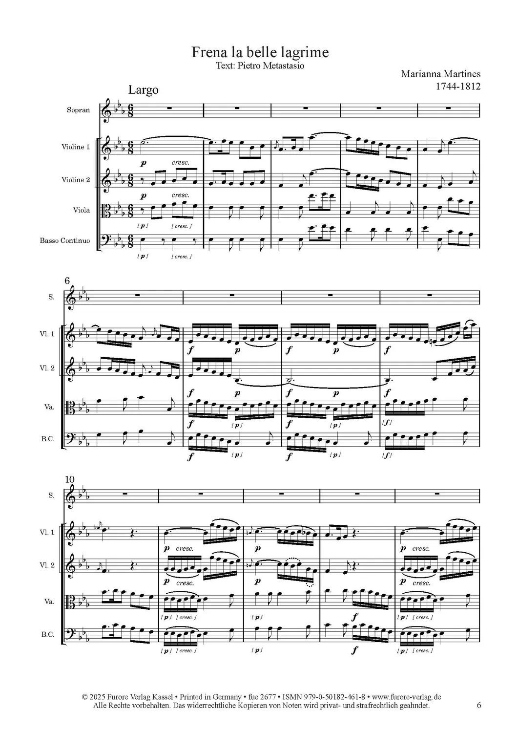 Furore Edition Frena le belle lagrime Arie für Sopran und Streicher