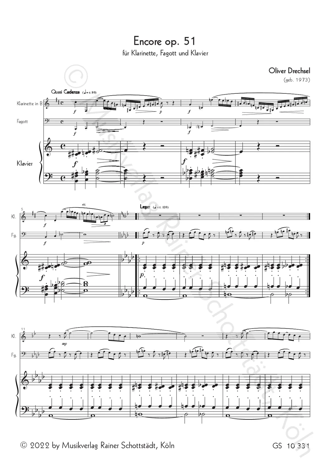 Musikverlag Rainer Schottstädt Encore op. 51 Noten Klarinette Fagott Klavier