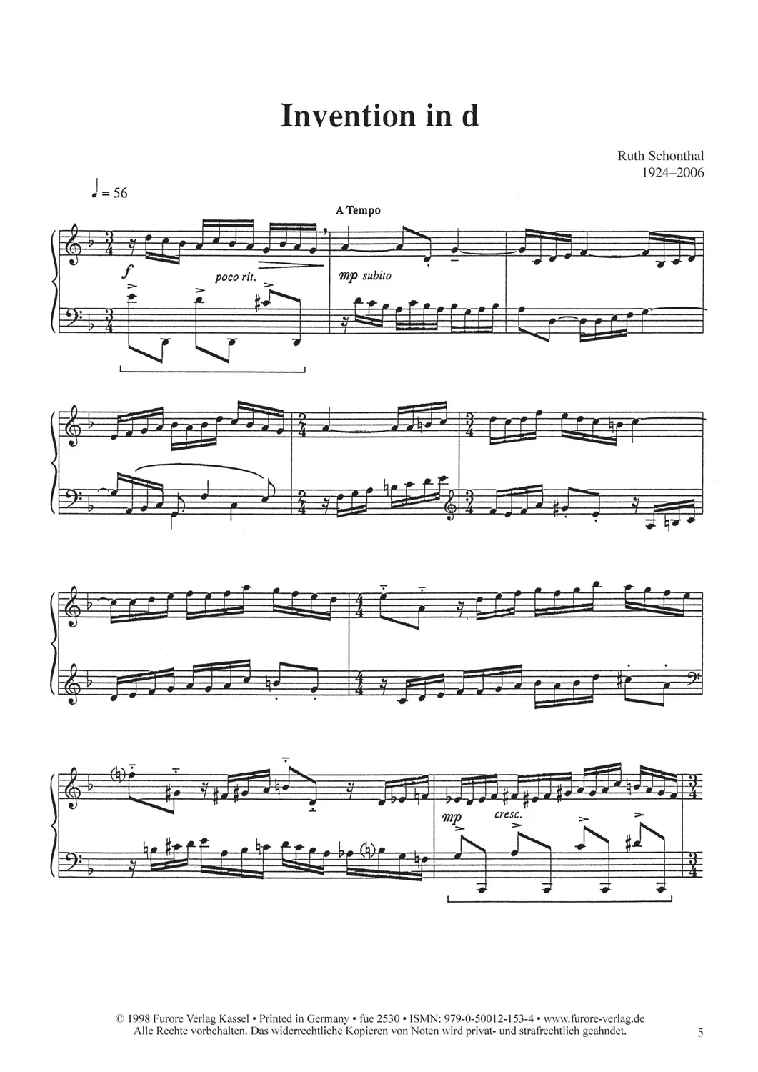 Furore Edition Fourteen Inventions Noten Klavier Cembalo schwer