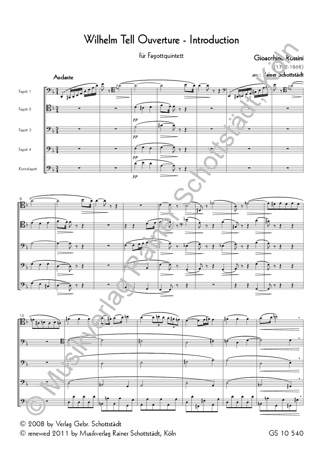 Musikverlag Rainer Schottstädt Wilhelm Tell Ouverture Noten 4 Fagotte