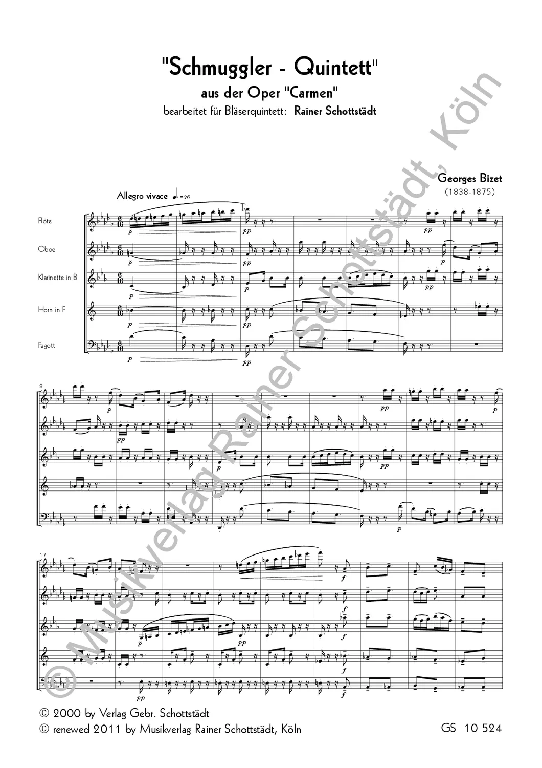 Musikverlag Rainer Schottstädt Schmuggler-Quintett aus Carmen für Bläserquintett