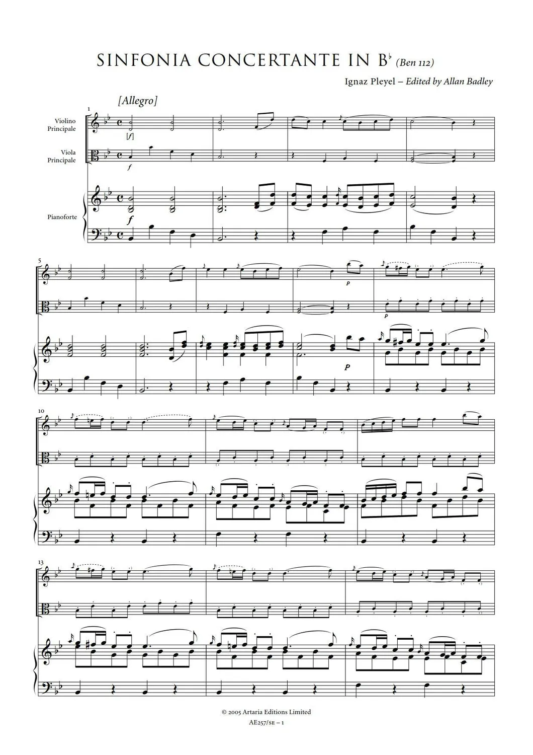 Artaria Pleyel Sinfonia Concertante in B flat major Benton 112