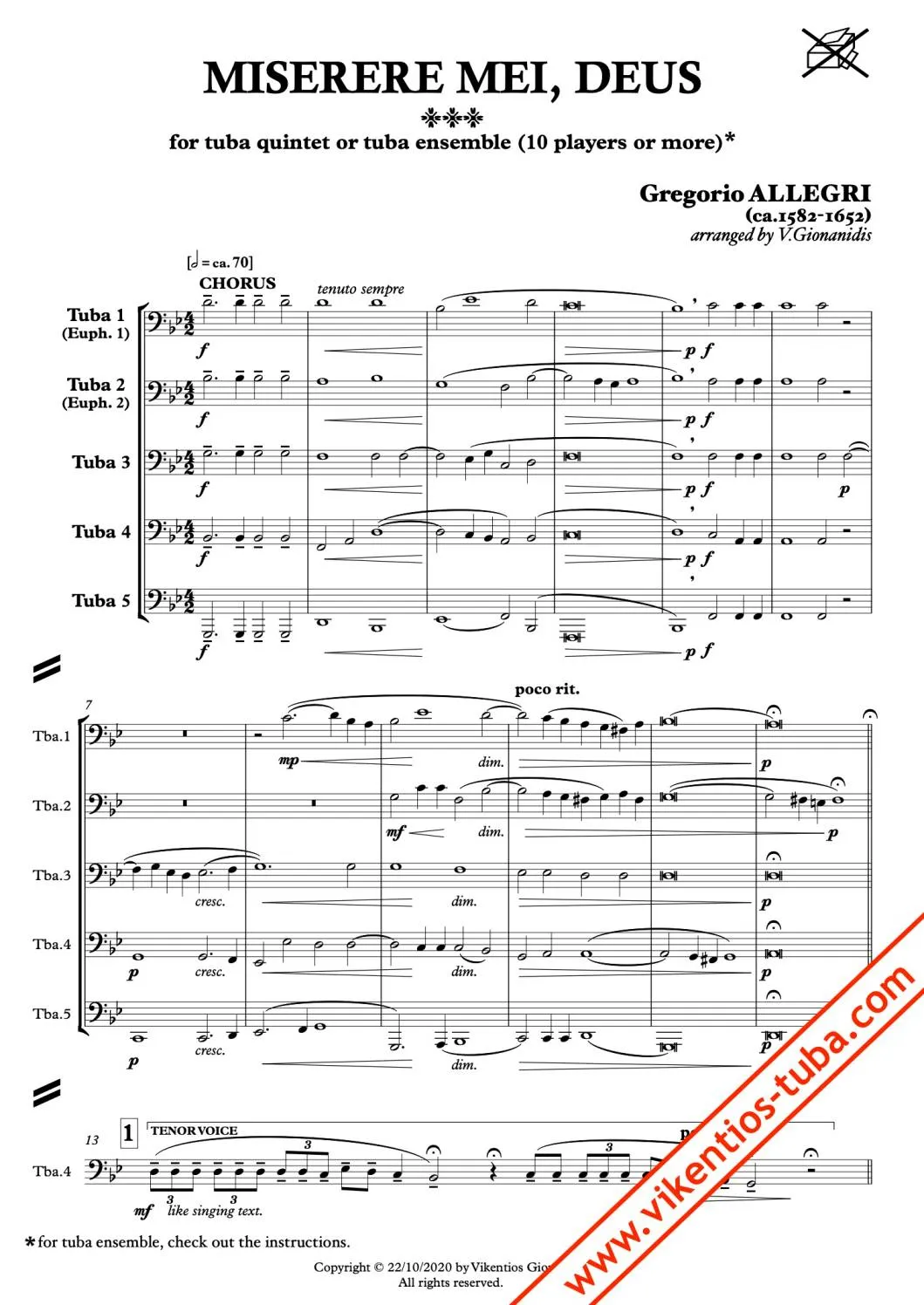 Vikentios Gionanidis Miserere mei, Deus Noten für Tubaquintett