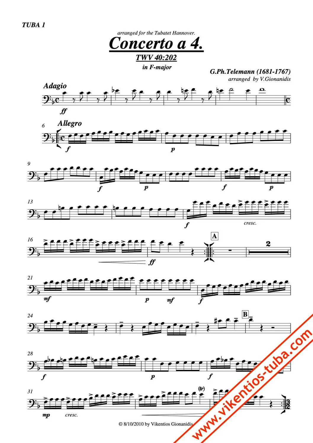 Vikentios Gionanidis Concerto á4 TWV 40:202 Noten Tubaquartett