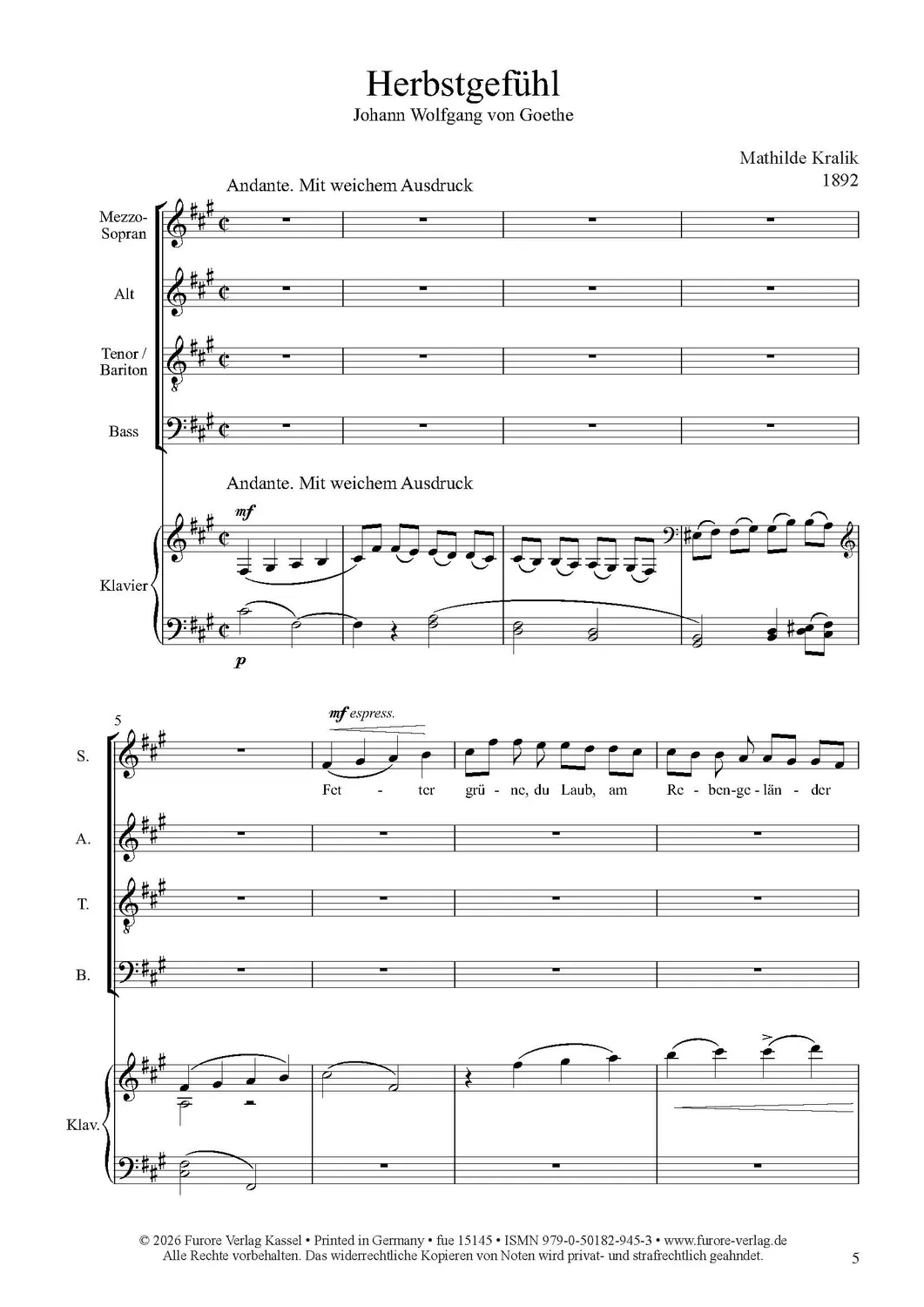 Furore Edition Herbstgefühl (Goethe) für 4 Solostimmen und Klavier