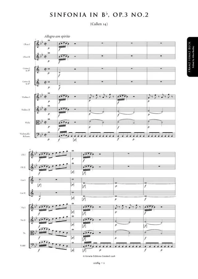 Artaria Beck Symphony in B flat, Op. 3, No. 2 (Callen 14)
