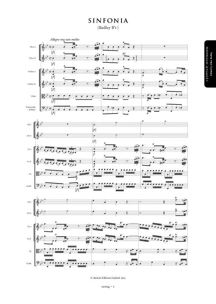 Artaria Hofmann Sinfonie B-Dur Badley Bb1 AE024 Partitur