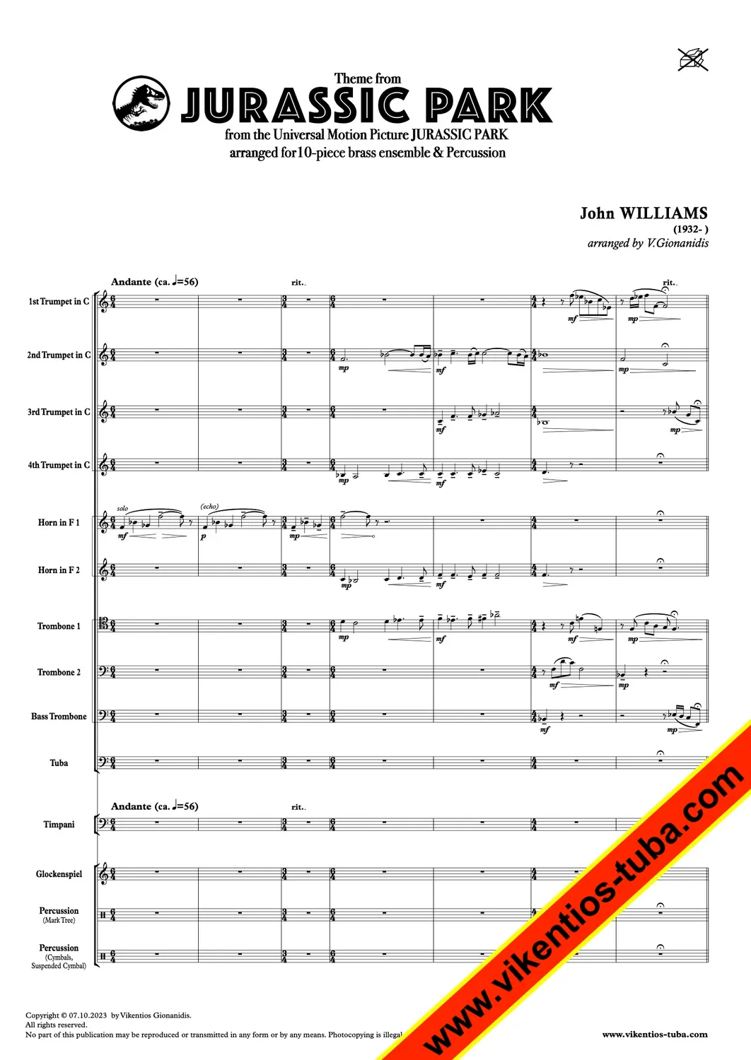 Vikentios Gionanidis JURASSIC PARK THEME Noten Blechbläserensemble 10 Stimmen