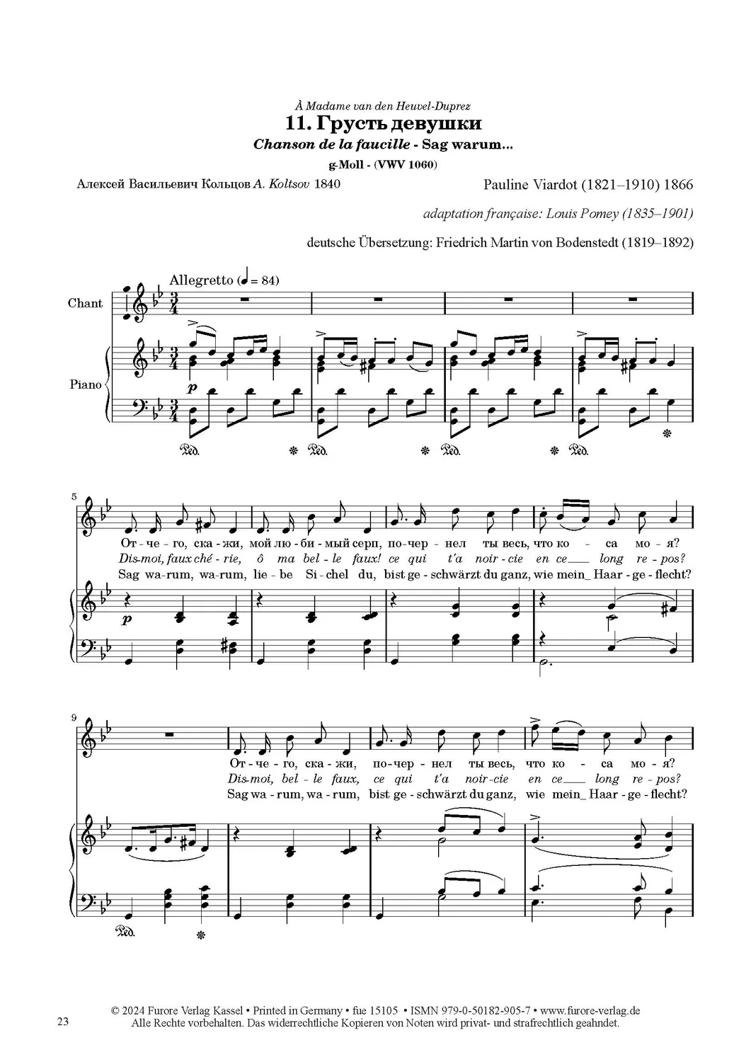 Furore Edition Pauline Viardot sings Russian poems Volume 2 Lieder für Stimme und Klavier