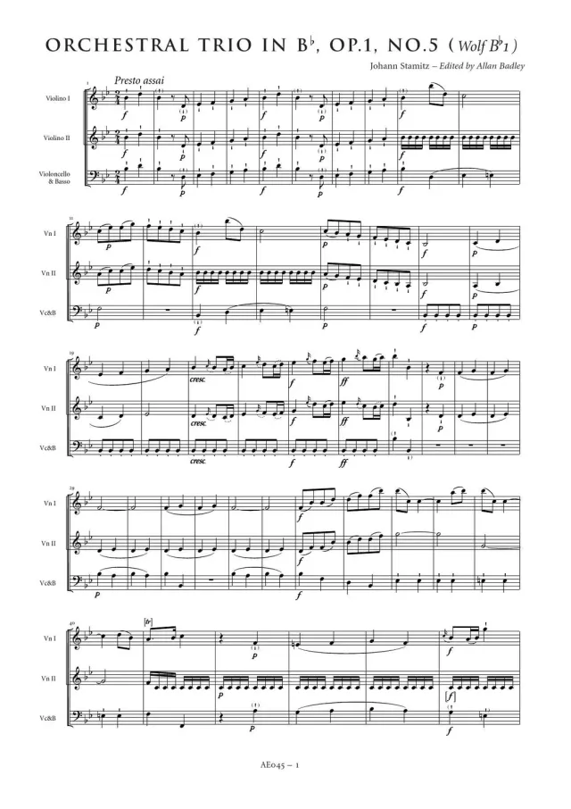 Artaria Orchestral Trio in B flat major, Op.1 No.5