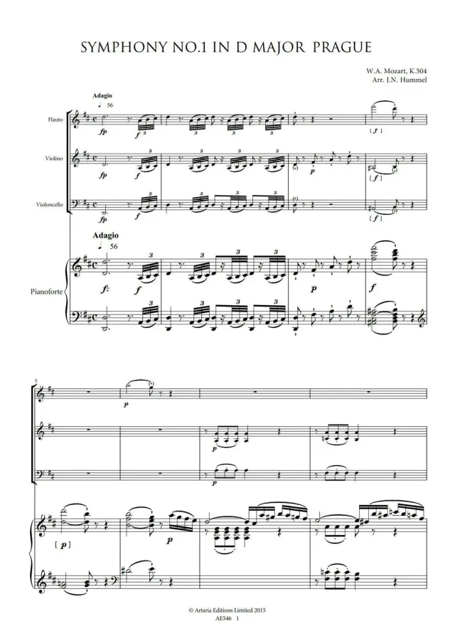Artaria Hummel Mozart's Six Grand Symphonies No.1 in D, K.504 'Prague'