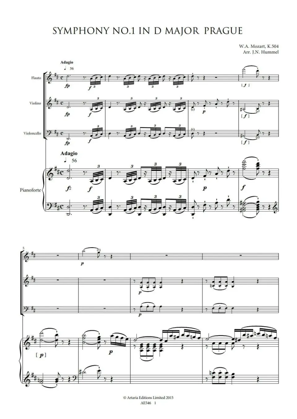 Artaria Hummel Mozart's Six Grand Symphonies No.1 in D, K.504 'Prague'