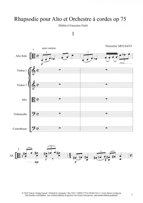 Furore Edition Rhapsodie pour Alto et Orchestre à Cordes op. 75 Mietmaterial