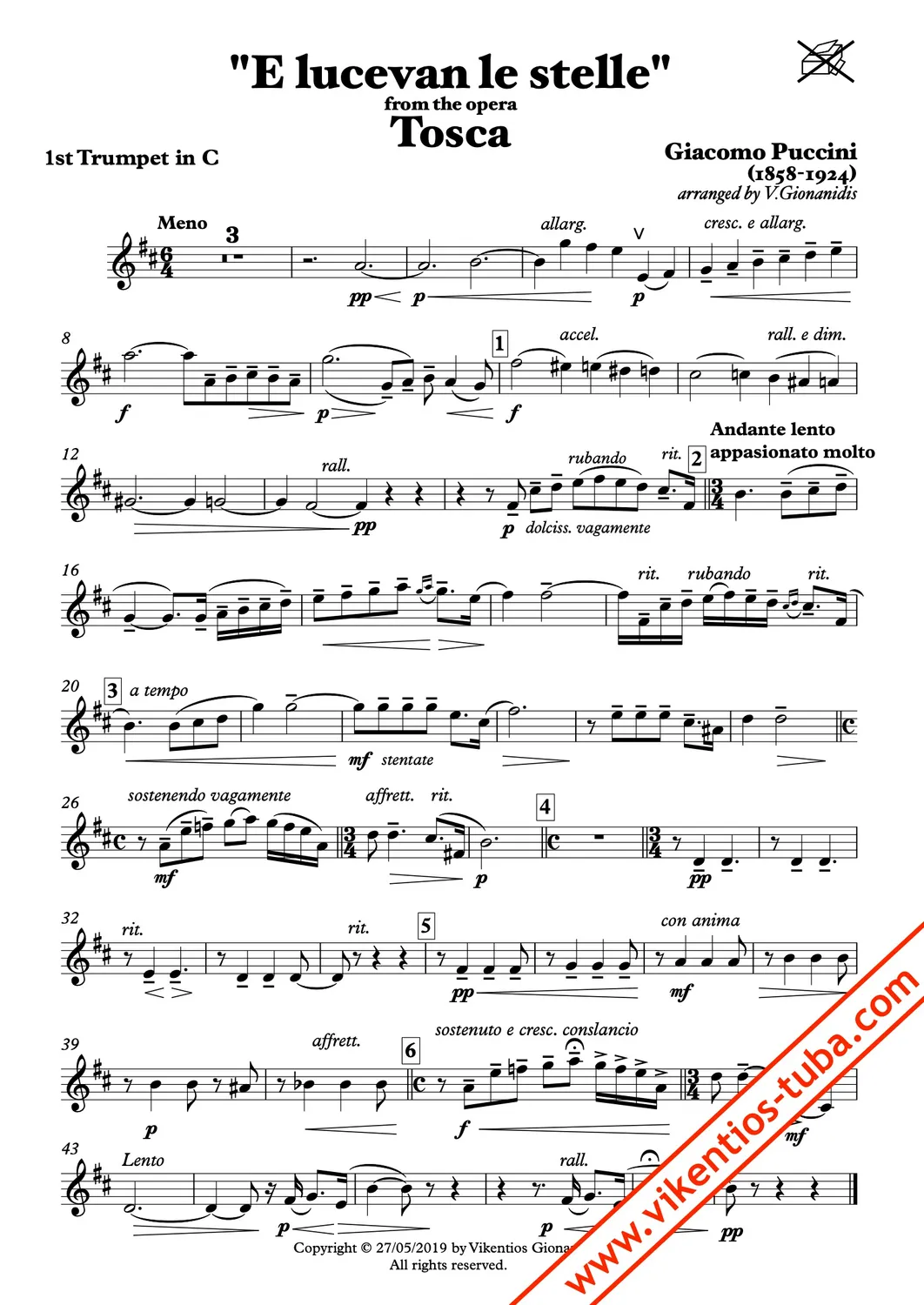 Vikentios Gionanidis „E lucevan le Stelle“ Noten für Blechbläserquintett
