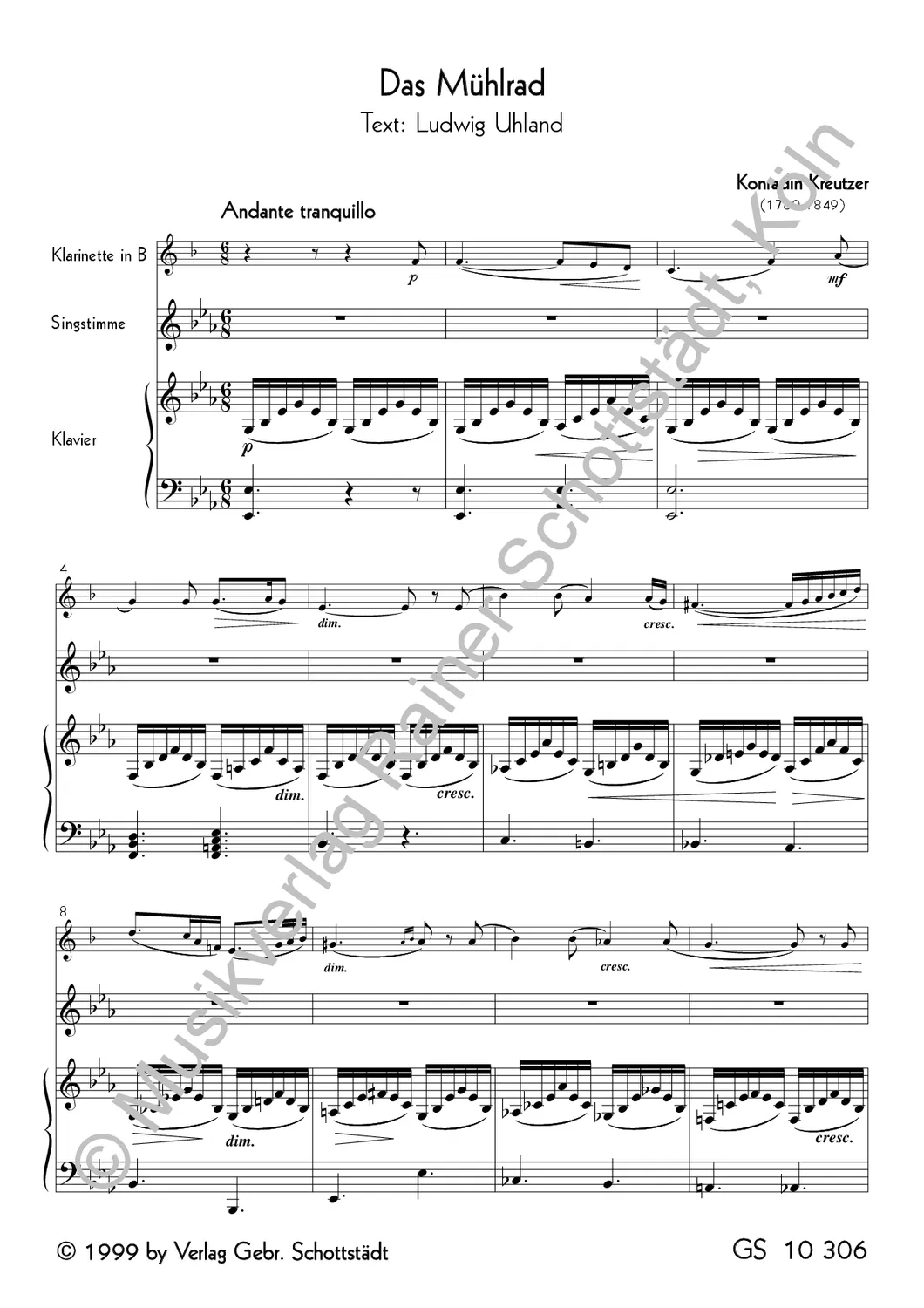 Schottstädt Das Mühlrad Noten mittlere Stimme Klarinette Klavier