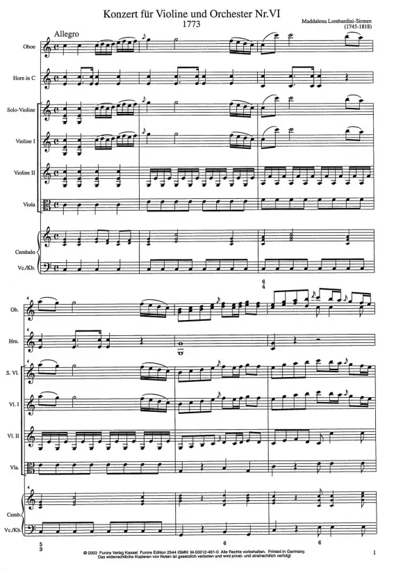 Furore Edition Konzert für Violine und Orchester op. 3 Nr. 6 C-Dur Partitur