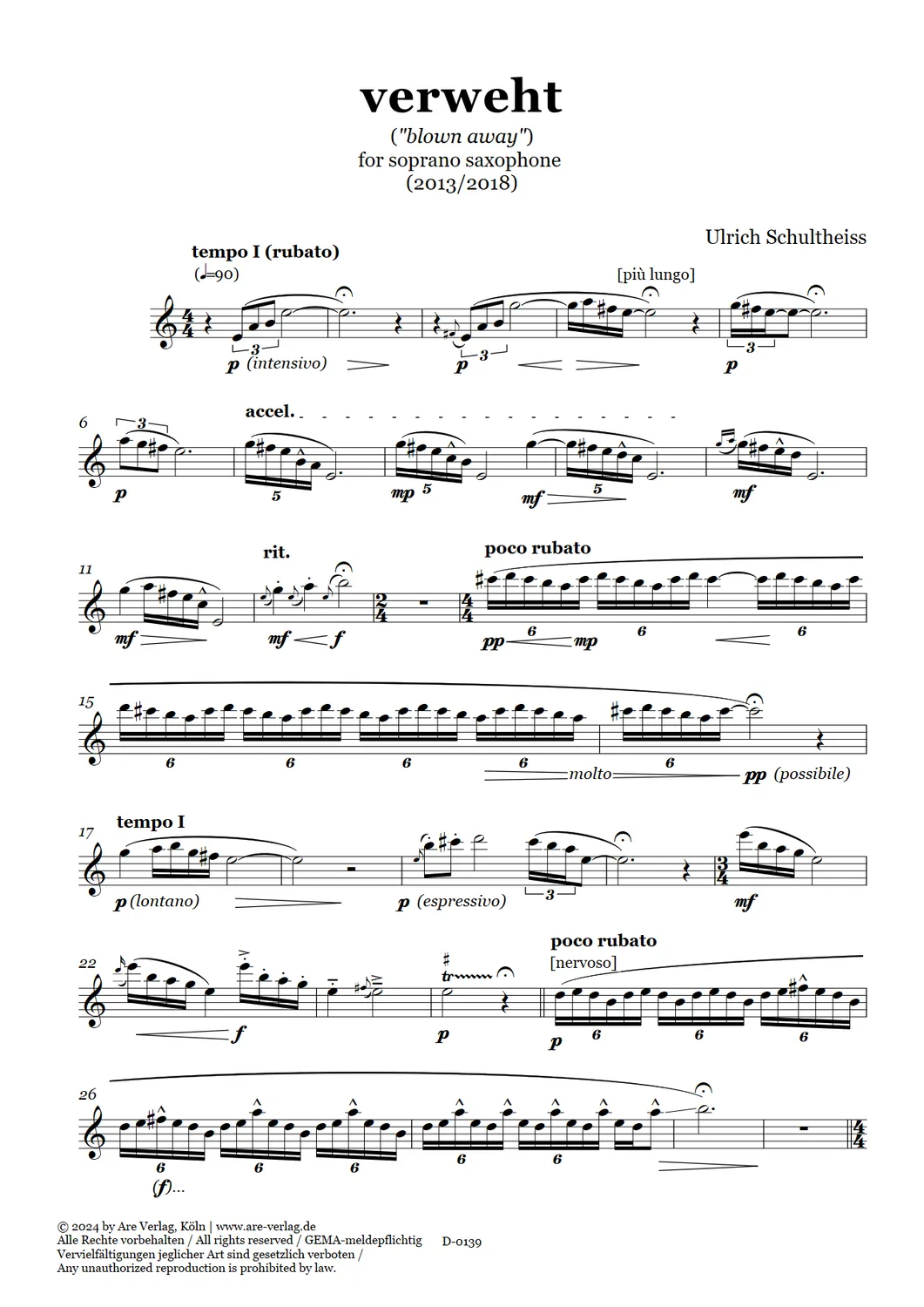 Are Musik Verlag Verweht Noten Sopransaxophon 6 Min